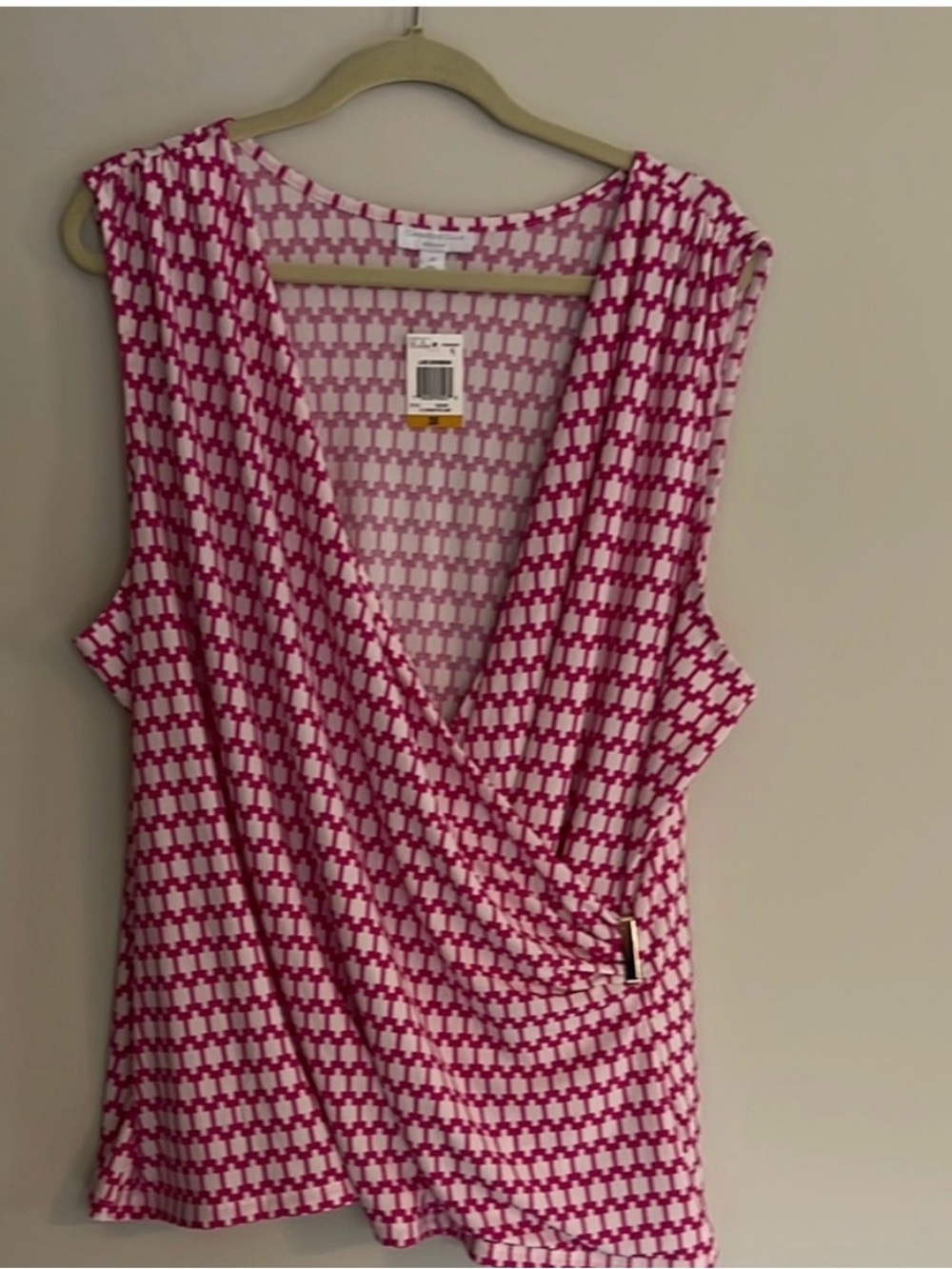 Charter Club Pink and White Geometric Wrap-Front Top